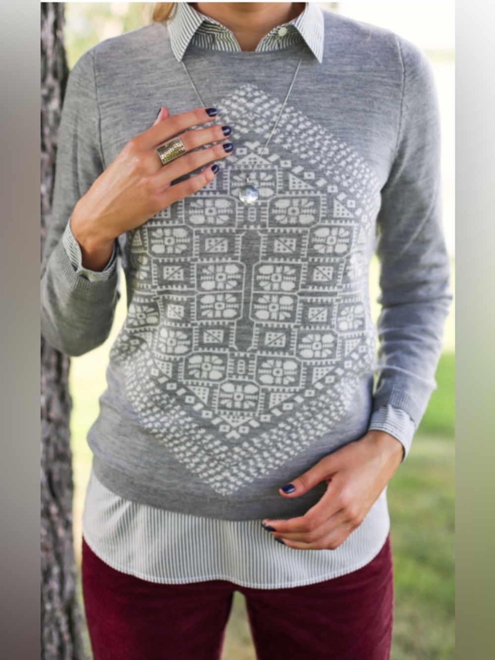 J.Crew merino wool pullover sweater geometric design gray sz M